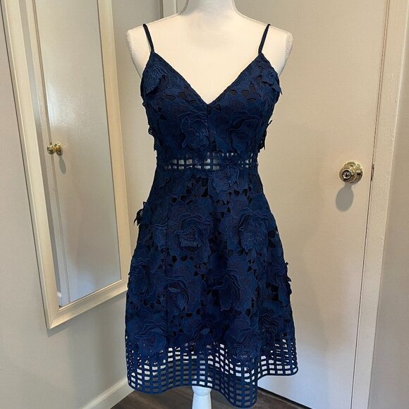 Lovers + Friends Blue Bellini embellished floral lace applique dress, Size Small - Picture 4 of 15